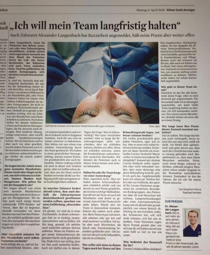 Zahnarztpraxis DR. Langenbach Kölner Stadtanzeiger Corona Krise Zahnarzt Köln