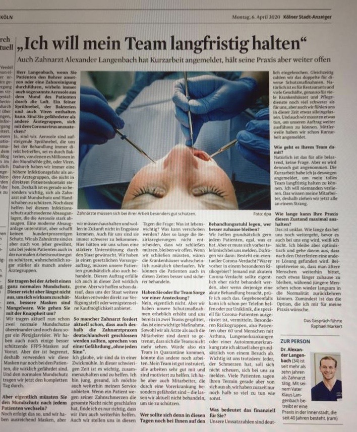 „Ich will mein Team langfristig halten“ – Dr. Alexander Langenbach im Interview mit dem Kölner Stadtanzeiger 2 Zahnarztpraxis DR. Langenbach Kölner Stadtanzeiger Corona Krise Zahnarzt Köln